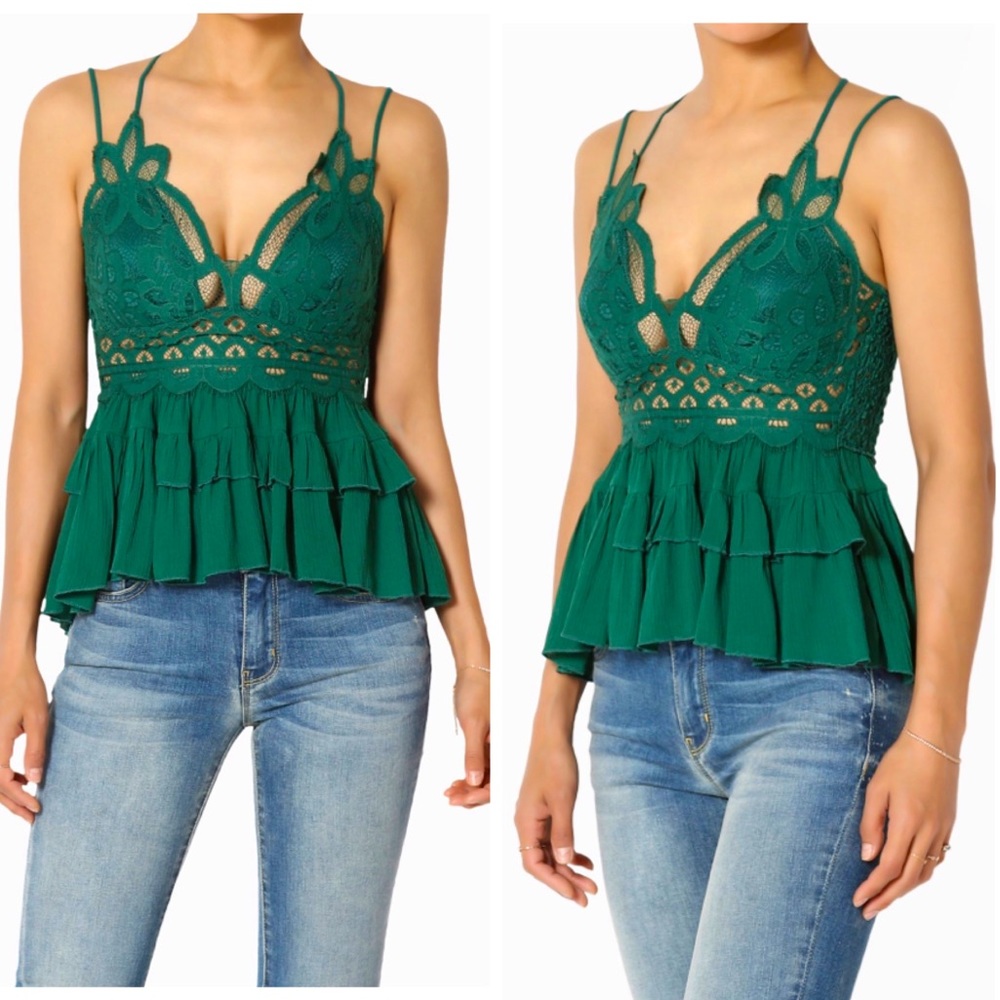 NEW Hunter Green Lace Smocked Peplum Top